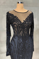 Classy Dark Navy Mermaid Evening Dress with Sequins & Beads